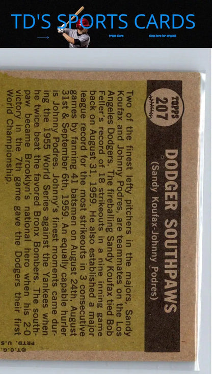 Vintage baseball card back of 1961 Topps Dodger Southpaws featuring Sandy Koufax and Johnny Podres