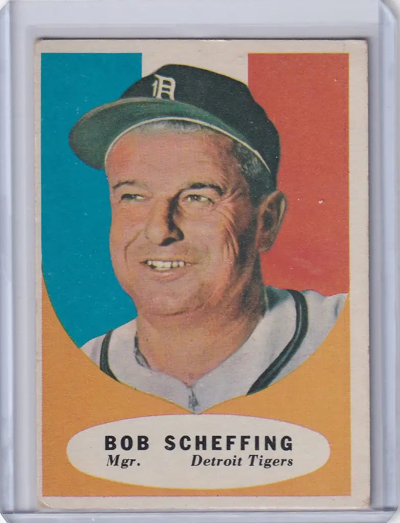 Baseball card of Bob Scheffing in Detroit Tigers cap and uniform from 1961 Topps