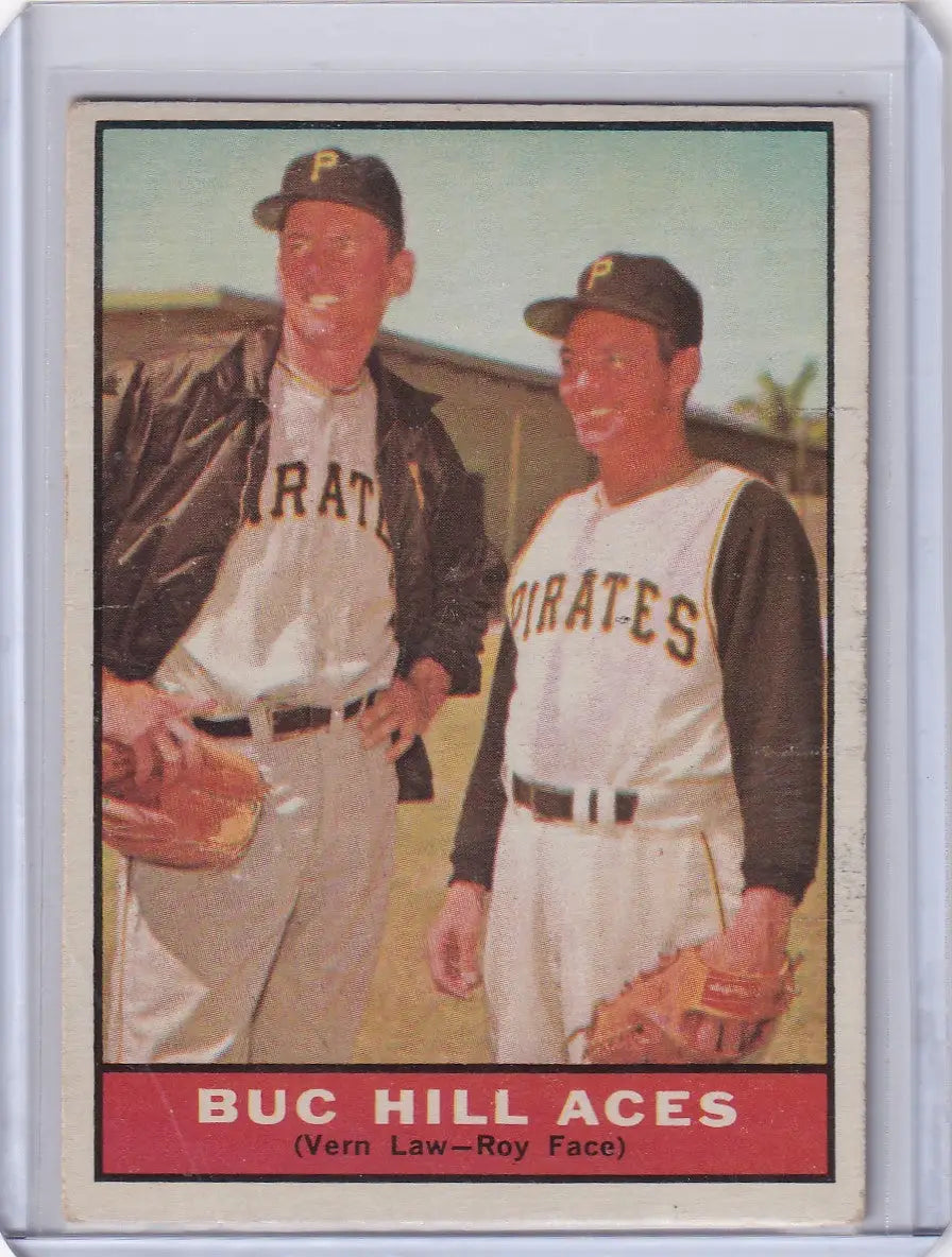 Vintage baseball card featuring Buc Hill Aces Pittsburgh Pirates players Vern Law and Roy Face