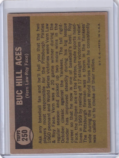 Vintage 1961 Topps Buc Hill Aces baseball card in protective sleeve featuring Vern Law Roy Face