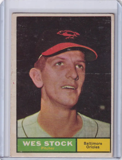 1961 Topps Wes Stock baseball card featuring Baltimore Orioles pitcher in red cap