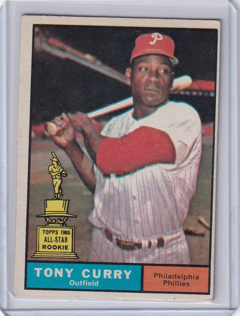 1961 Topps #262 Tony Curry baseball card featuring Philadelphia Phillies player with bat