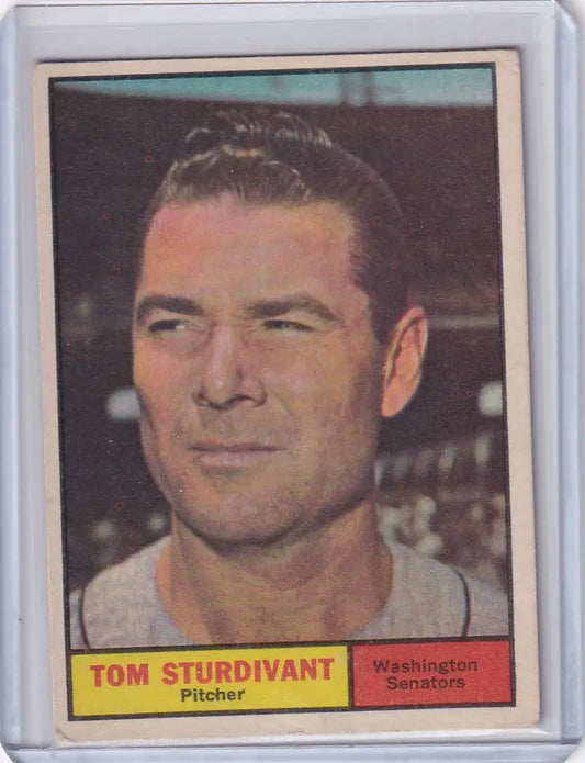 Baseball card of Tom Sturdivant - Washington Senators pitcher from 1961 Topps