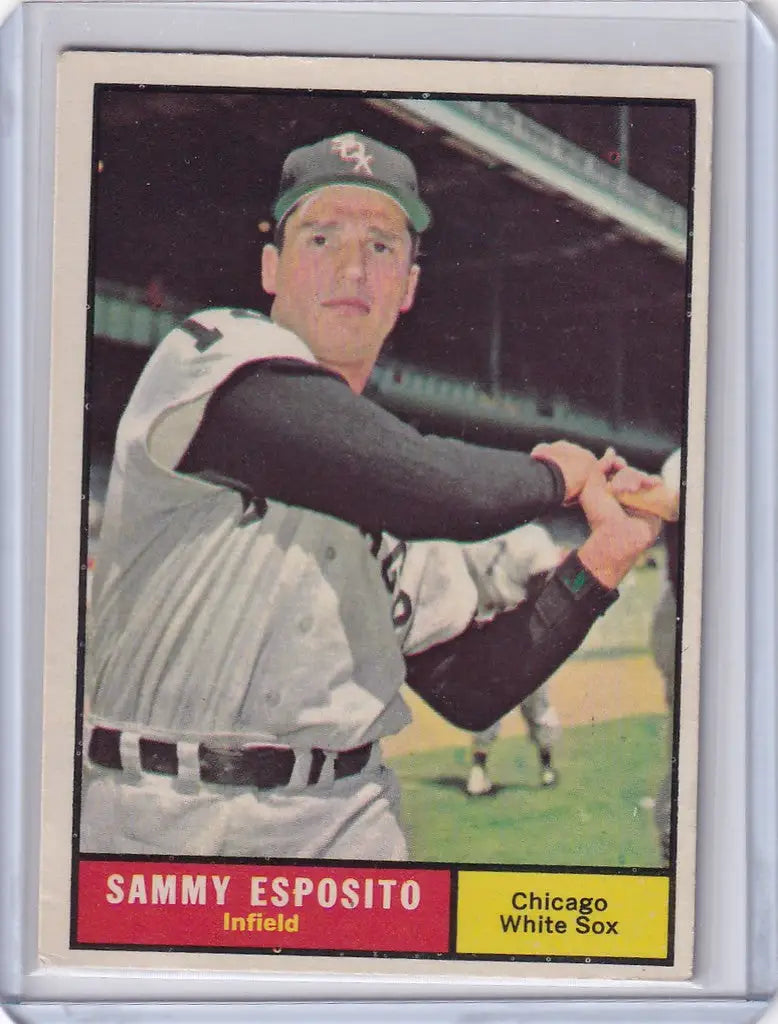 1961 Topps #323 Sammy Esposito baseball card featuring Chicago White Sox player batting