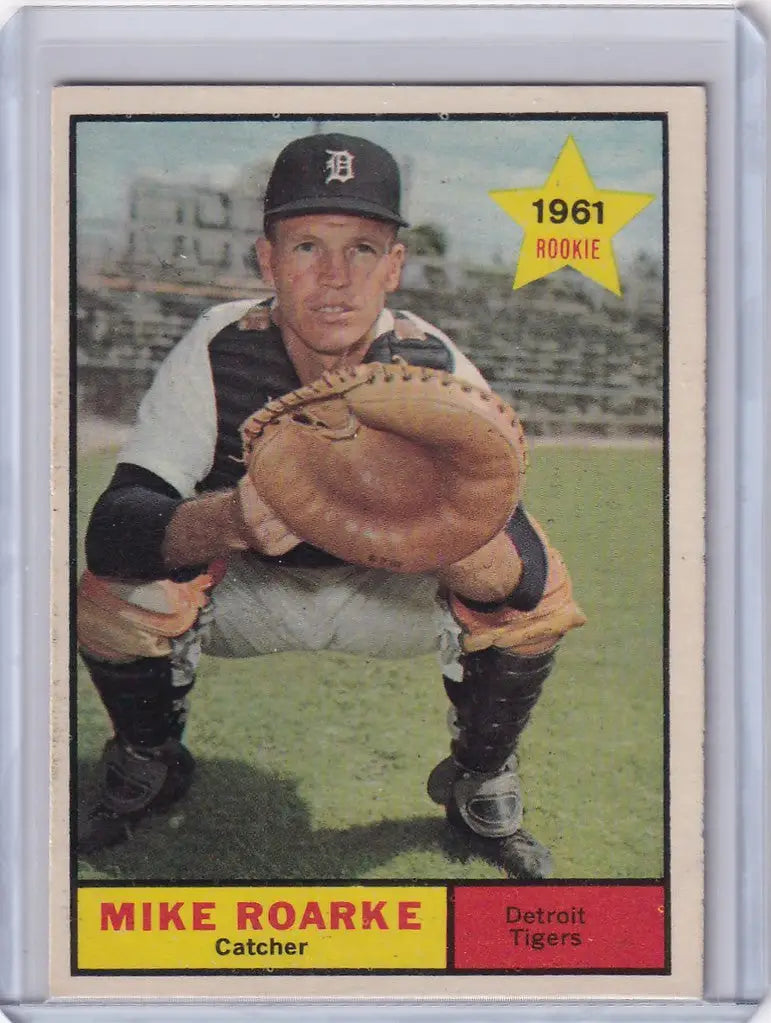 Baseball card of Mike Roarke crouching for the Detroit Tigers in trading cards collection