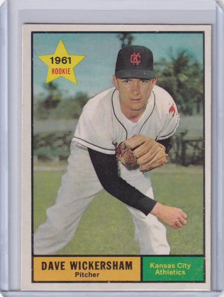Baseball card of Dave Wickersham in a pitching stance for Kansas City Athletics