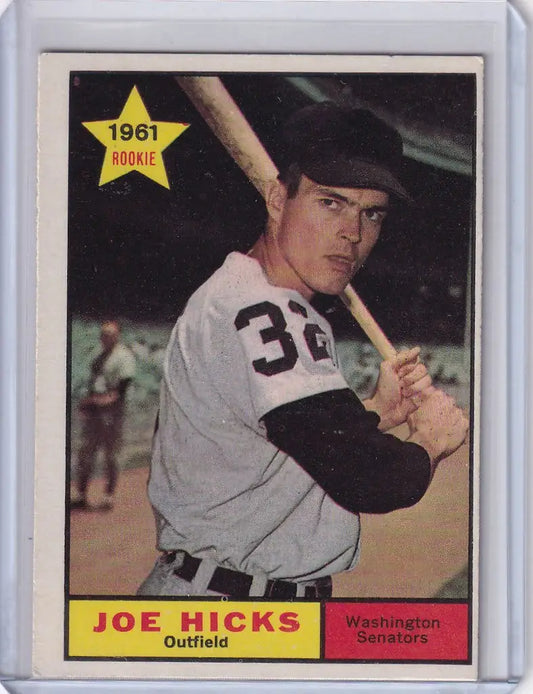 Baseball card of Joe Hicks in batting stance wearing Washington Senators uniform