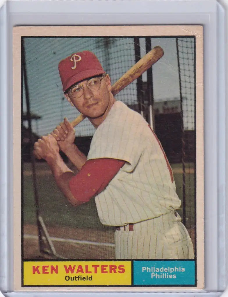 Baseball card of Ken Walters in batting stance for Philadelphia Phillies 1961 Topps