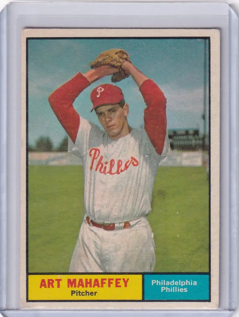 Art Mahaffey pitching for the Philadelphia Phillies on a 1961 Topps baseball card