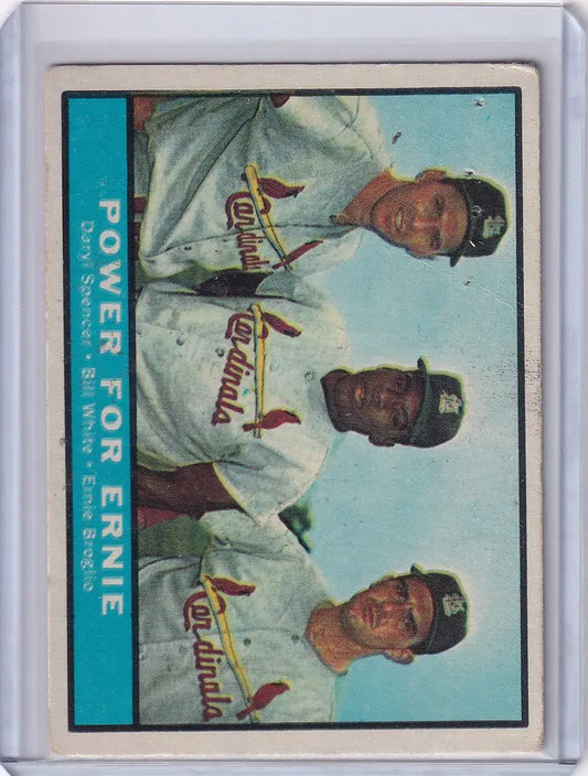 Vintage baseball card featuring Daryl Spencer, Ernie Broglio, and Bill White from the Cardinals