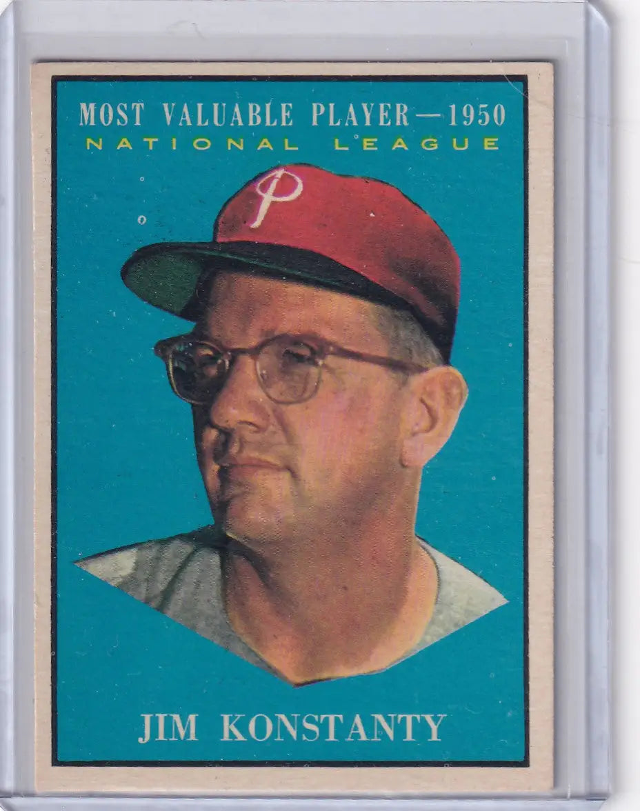 1950 Jim Konstanty Philadelphia Phillies MVP baseball card in protective slab for 1961 Topps