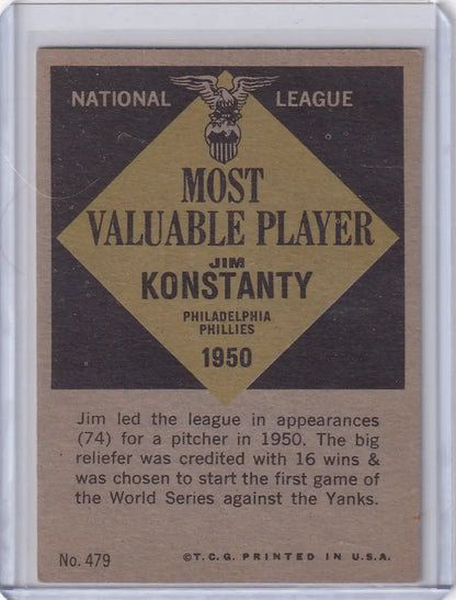 Vintage baseball trading card of Jim Konstanty, Philadelphia Phillies MVP 1961 Topps