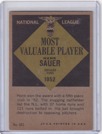 Back of 1952 Topps Hank Sauer Chicago Cubs MVP baseball card featuring player details