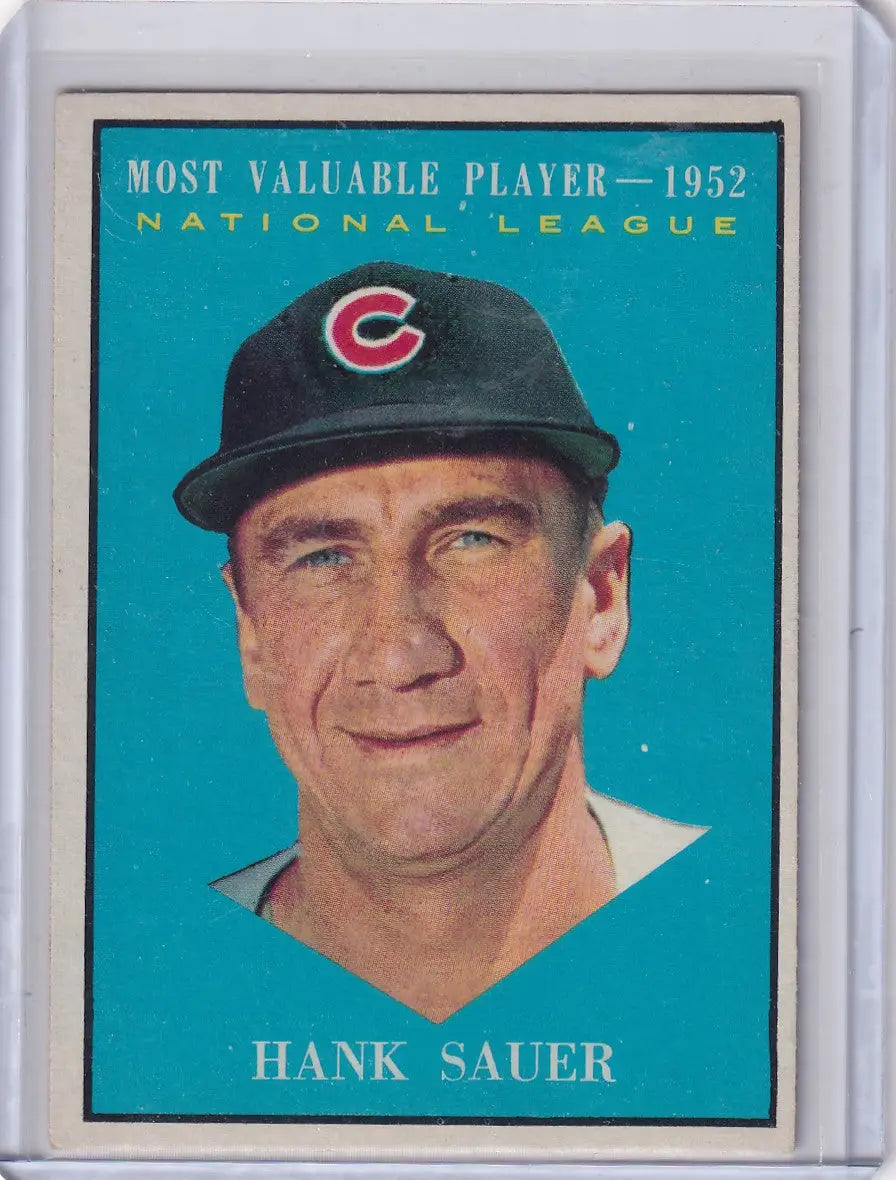 Vintage 1961 Topps Hank Sauer Chicago Cubs MVP baseball card featuring Hank Sauer
