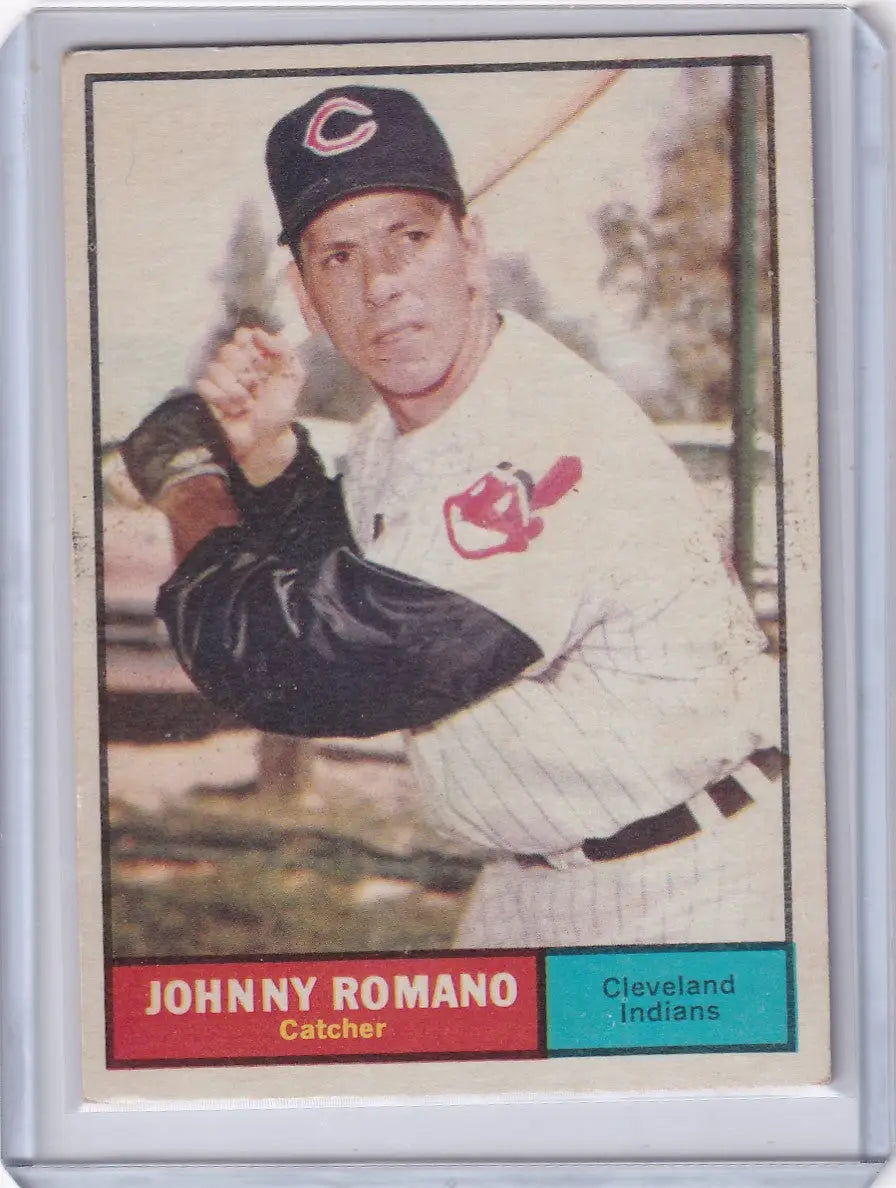 Vintage 1961 Topps Johnny Romano card featuring Cleveland Indians catcher in batting stance