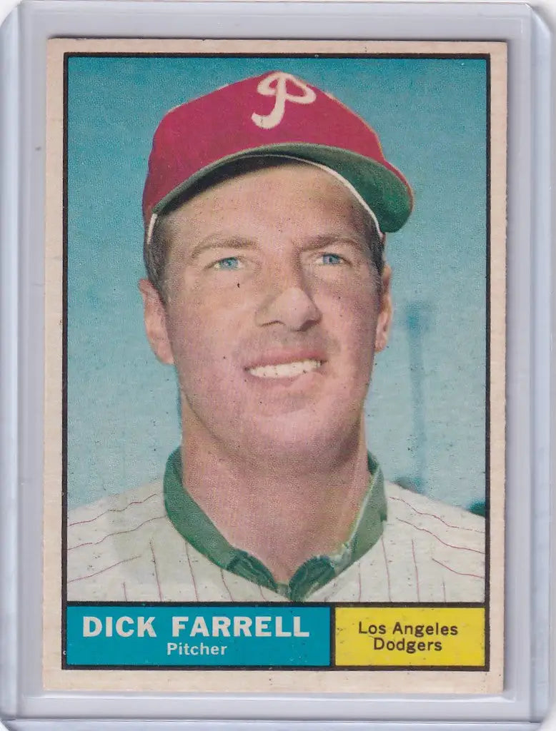 Baseball card of Dick Farrell with a smile in a Los Angeles Dodgers cap