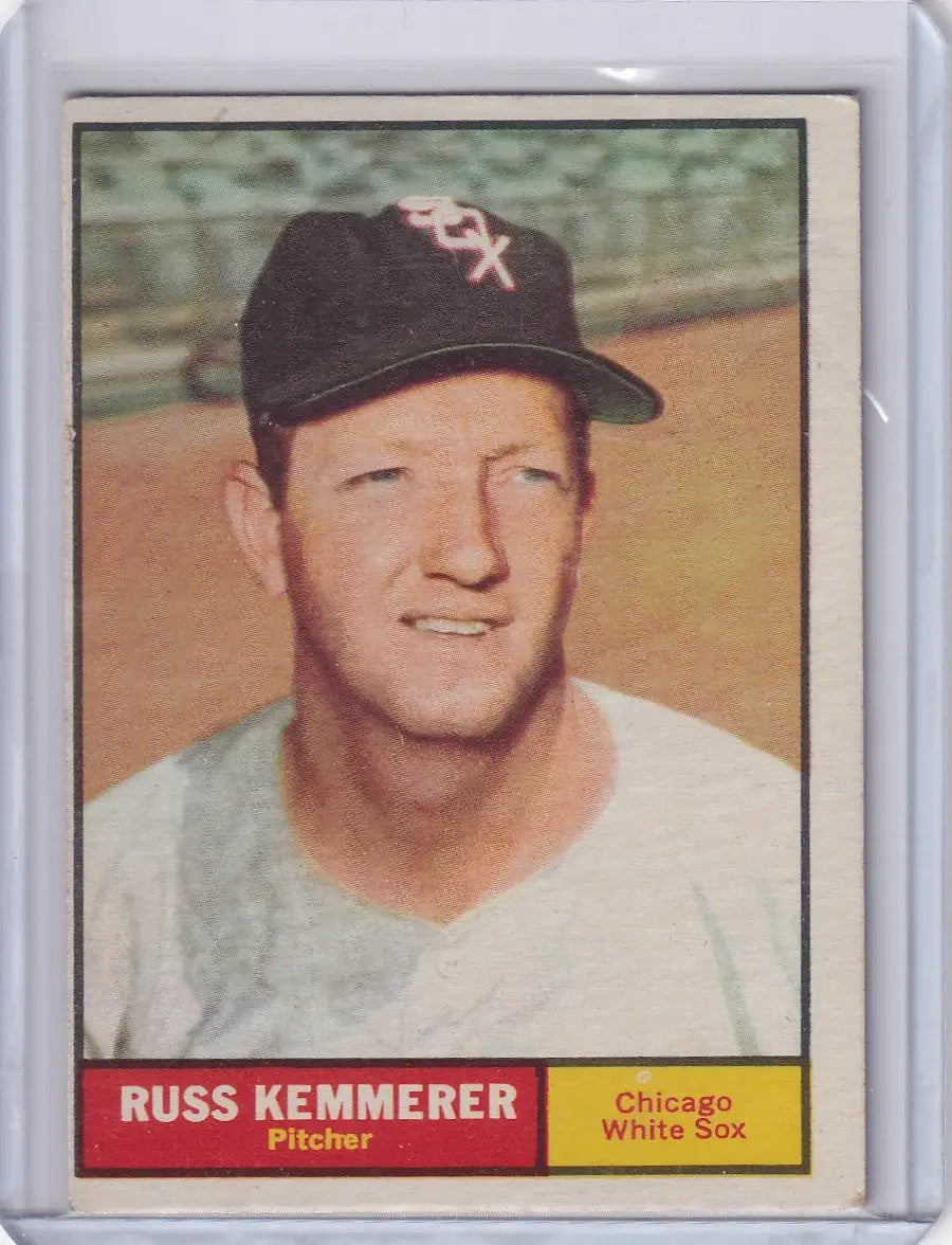 Vintage 1961 Topps Russ Kemmerer baseball card featuring Chicago White Sox pitcher
