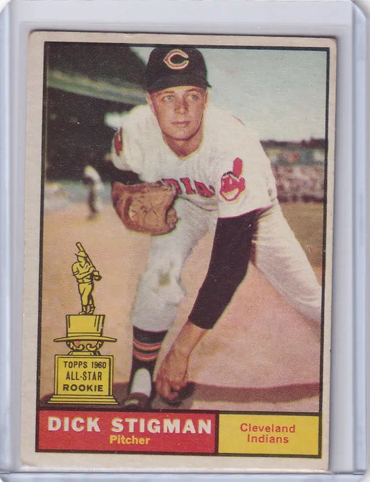 Baseball card of Dick Stigman in throwing stance for Cleveland Indians