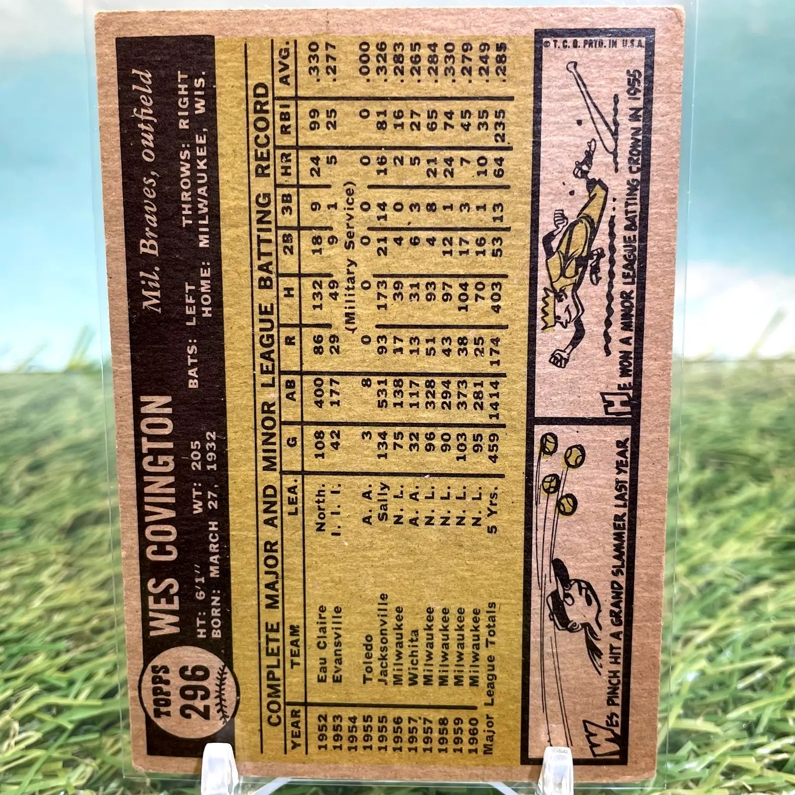 1961 Topps Baseball #296 Wes Covington Outfielder Milwaukee Braves Excellent - Trading Card