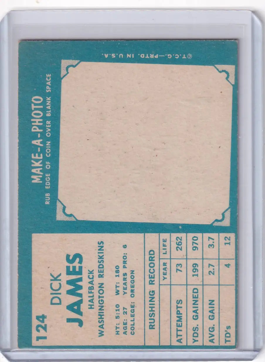 Vintage Topps Football card featuring Dick James of the Washington Redskins