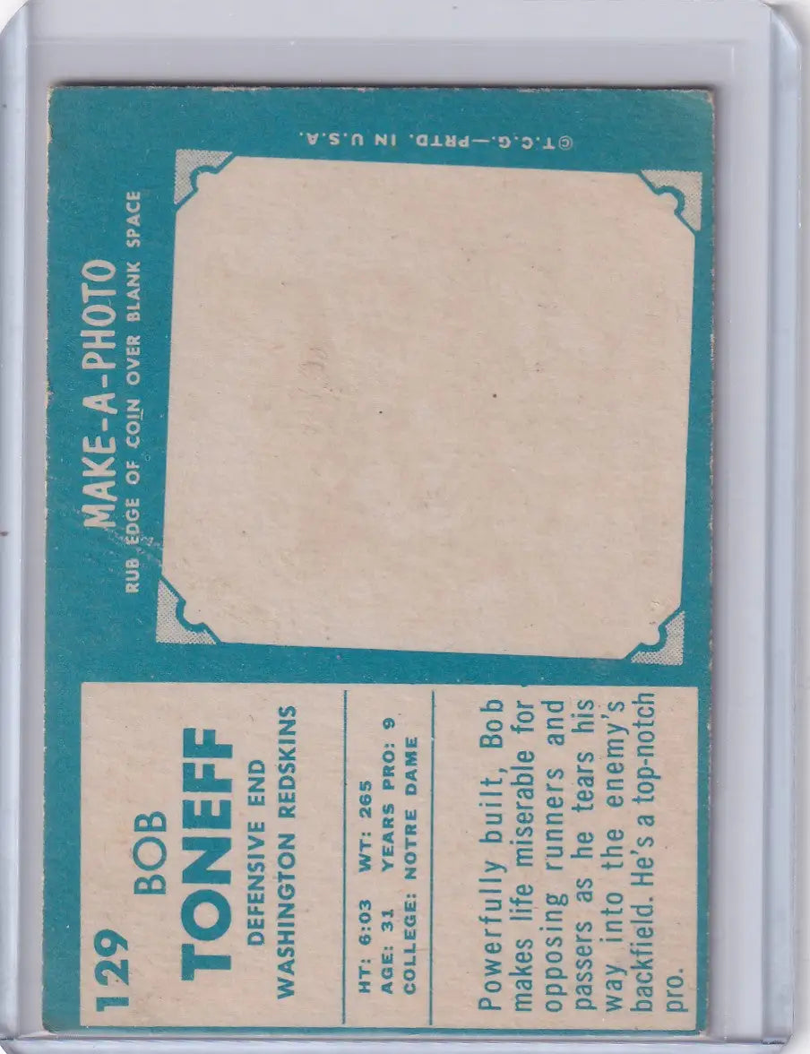 Vintage turquoise trading card back for 1961 Topps Football Bob Toneff Washington Redskins