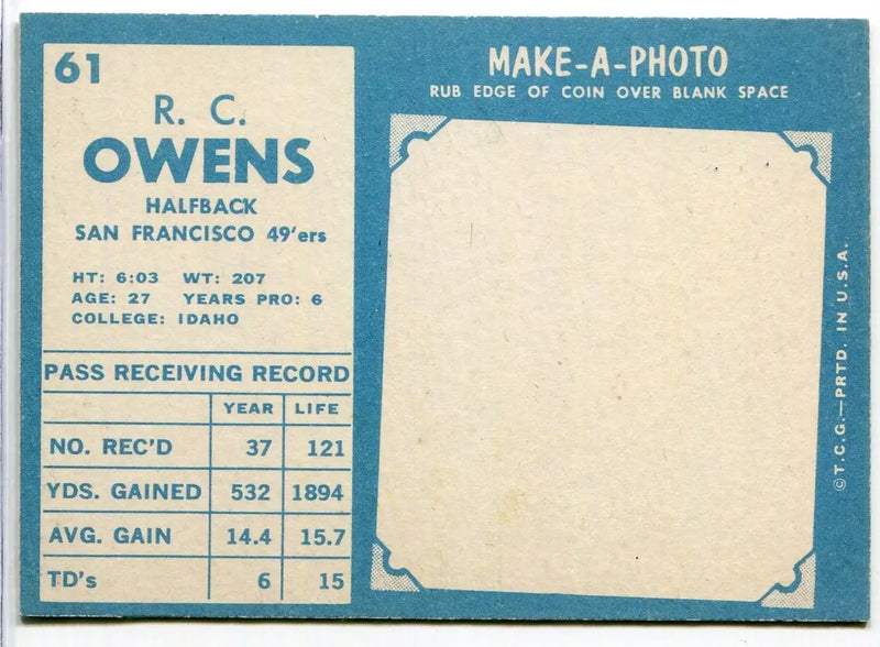 1961 Topps Football #61 R.C. Owens RC NMT Idaho SF 49ers - Football Card Single