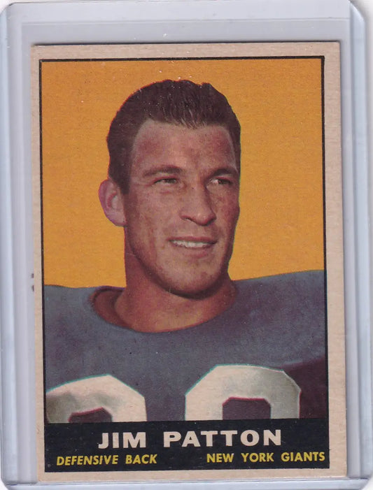 Vintage 1961 Topps Football card of Jim Patton, defensive back for the New York Giants