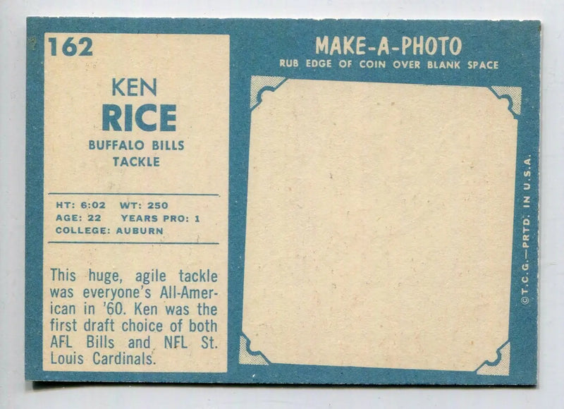 1961 Topps - Ken Rice #162 (RC) Rookie Card NMT Auburn Buffalo Bills - Football Card Single