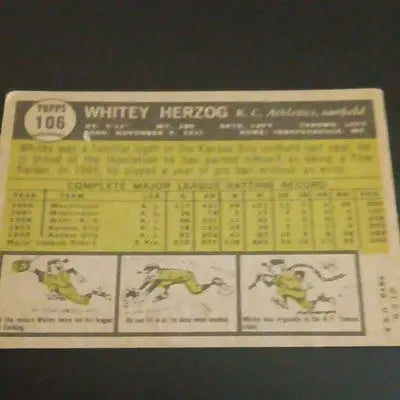 1961 Topps - Whitey Herzog Kansas City Athletics #106. EX Baseball Card - Baseball Card Single