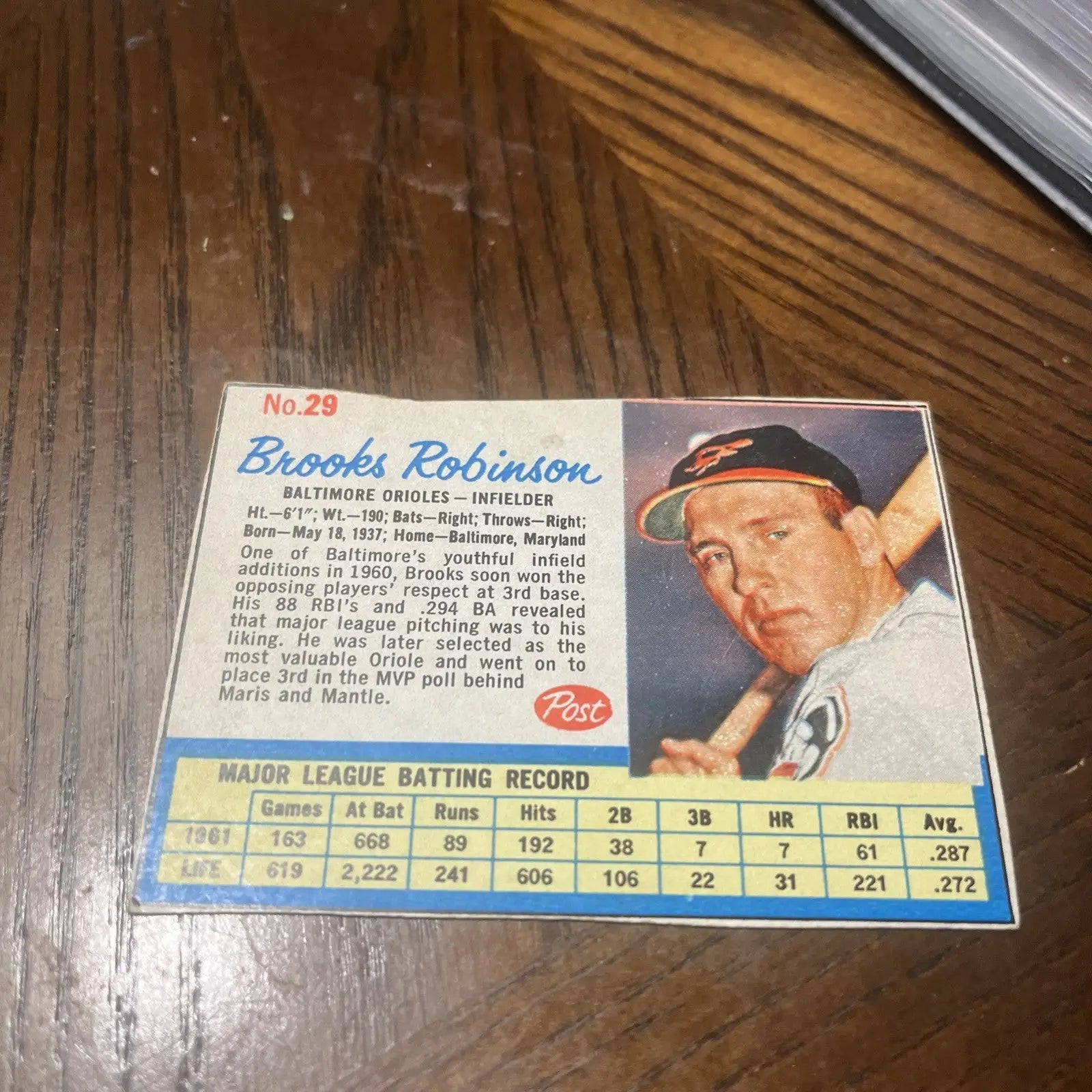 1962 Post Brooks Robinson trading card displayed in the Brooks Robinson HOF trading cards collection