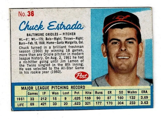 1962 Post Cereal #36 Chuck Estrada Baltimore Orioles SP Baseball Card - Baseball Card Single