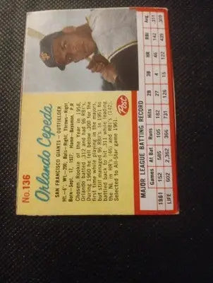 1962 Post Cereal - Orlando Cepeda #136. SF Giants. nicely hando cut. EX+ - Baseball Card Single