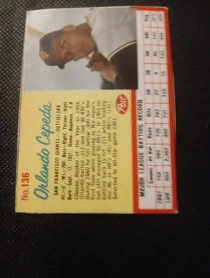 1962 Post Cereal - Orlando Cepeda #136. SF Giants. nicely hando cut. EX+ - Baseball Card Single
