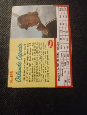 1962 Post Cereal - Orlando Cepeda #136. SF Giants. nicely hando cut. EX+ - Baseball Card Single