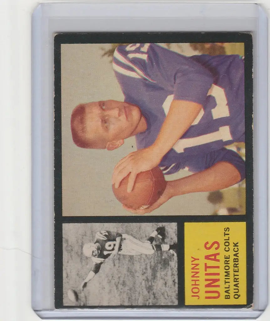 Vintage Johnny Unitas Baltimore Colts trading card in purple uniform holding football