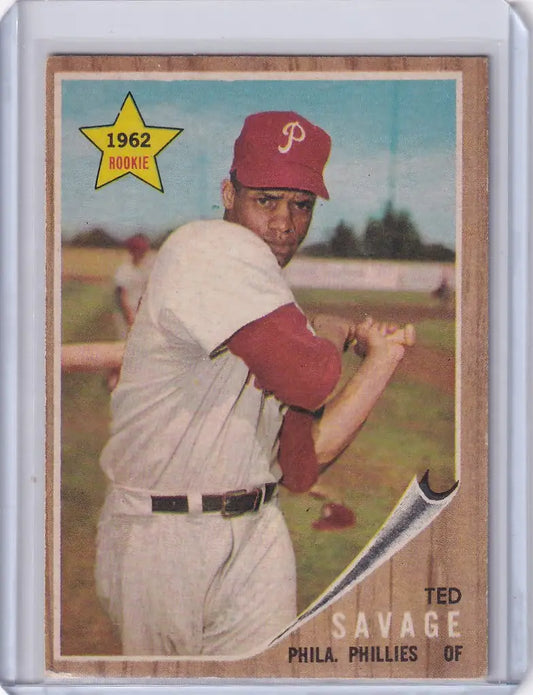 Baseball card of Ted Savage in batting stance for Philadelphia Phillies RC