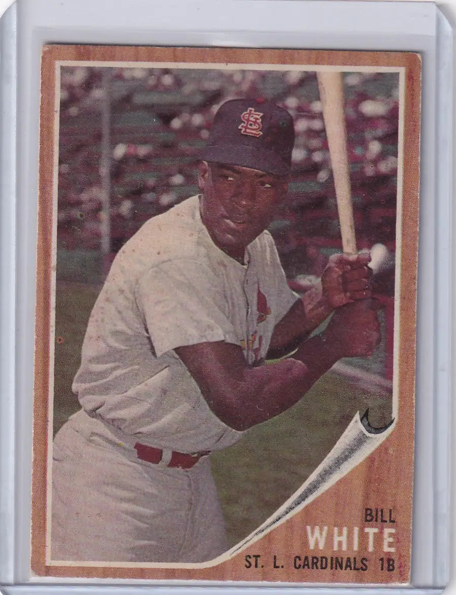 Vintage baseball card of Bill White in batting stance for St. Louis Cardinals trading cards