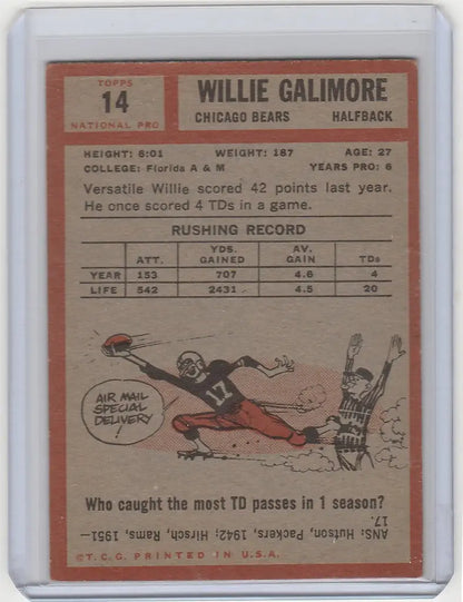 Vintage Willie Galimore Chicago Bears trading card from 1962 Topps, in excellent condition