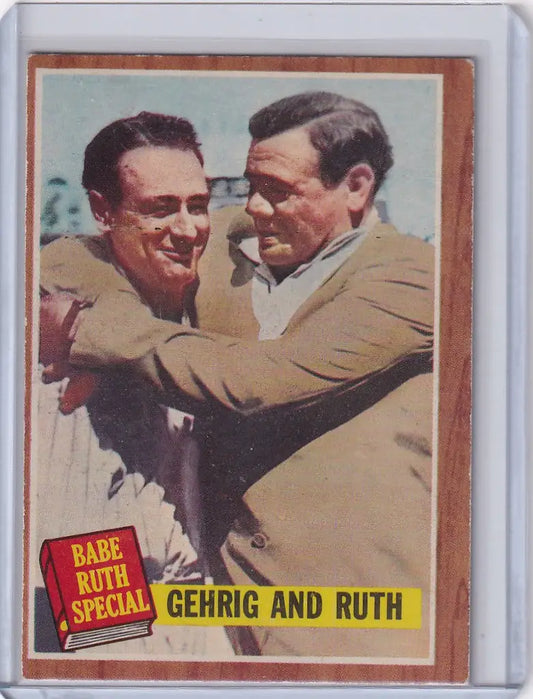 Vintage Topps baseball card of Gehrig and Ruth in a warm embrace