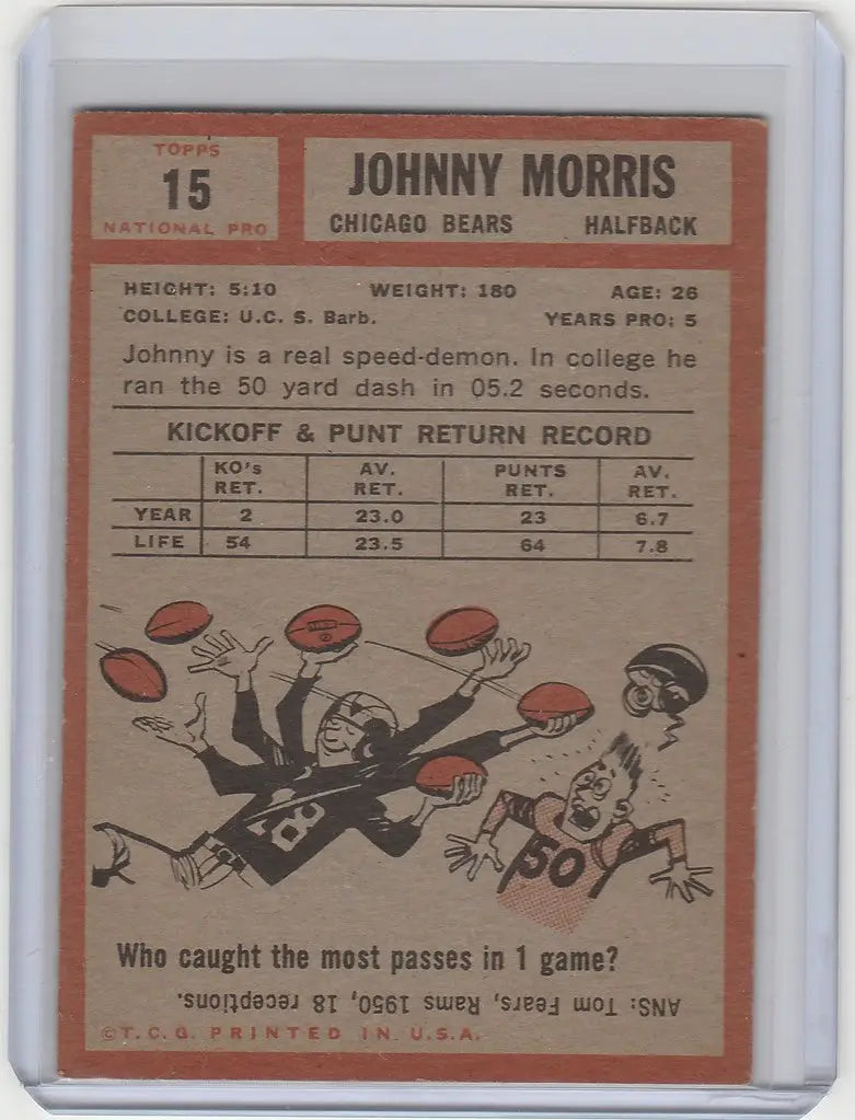 Vintage Johnny Morris Chicago Bears trading card from 1962 Topps #15 EX condition