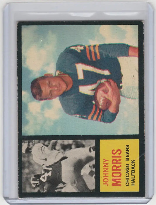 Vintage football trading card of Johnny Morris Chicago Bears in blue jersey number 7