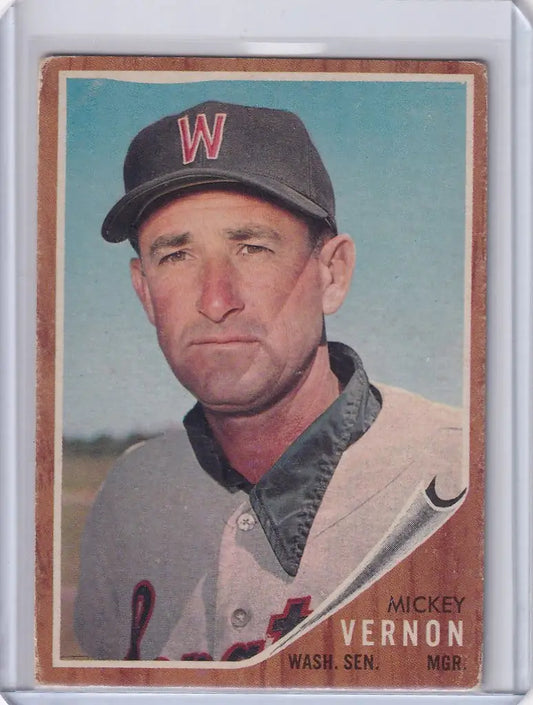 Baseball card of Mickey Vernon from Washington Senators with cap featuring W