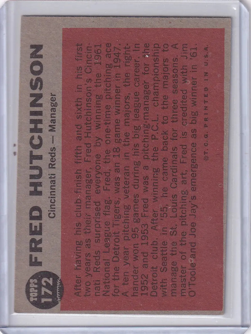 Back of 1962 Topps Fred Hutchinson Cincinnati Reds baseball card featuring player details