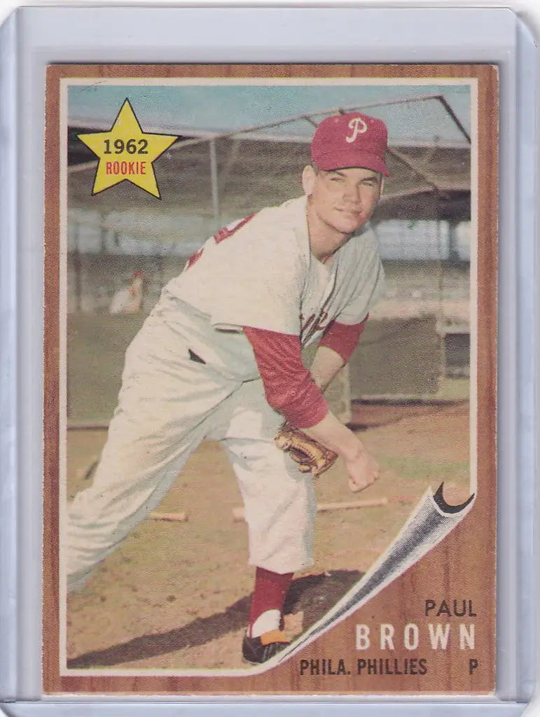 Baseball card of Paul Brown in throwing stance for Philadelphia Phillies trading cards