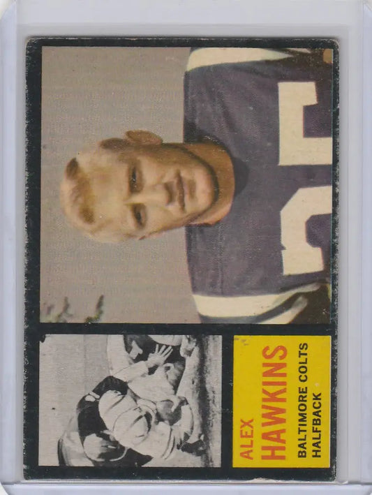 Vintage 1962 Topps Alex Hawkins Baltimore Colts trading card in dark jersey