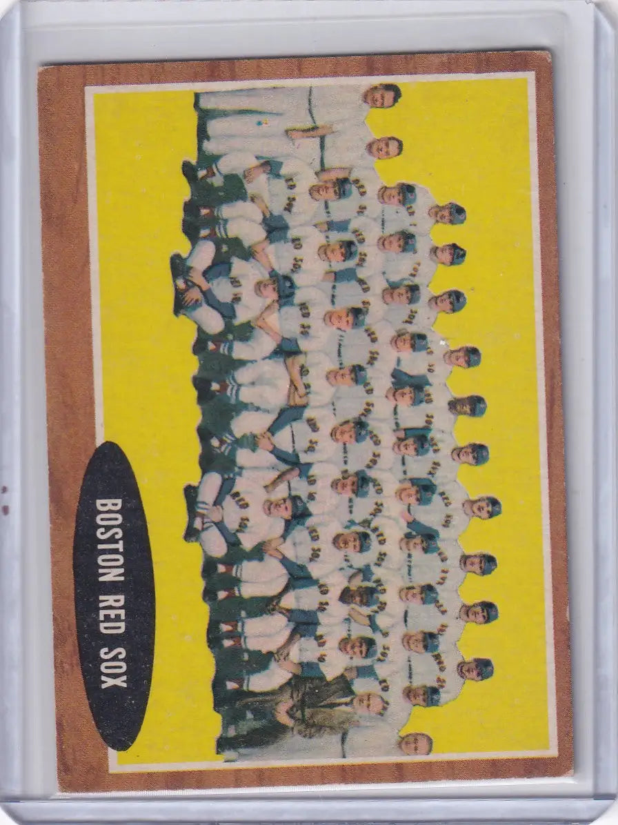 Vintage Boston Red Sox baseball team card from 1962 Topps #334 showcasing the Red Sox team
