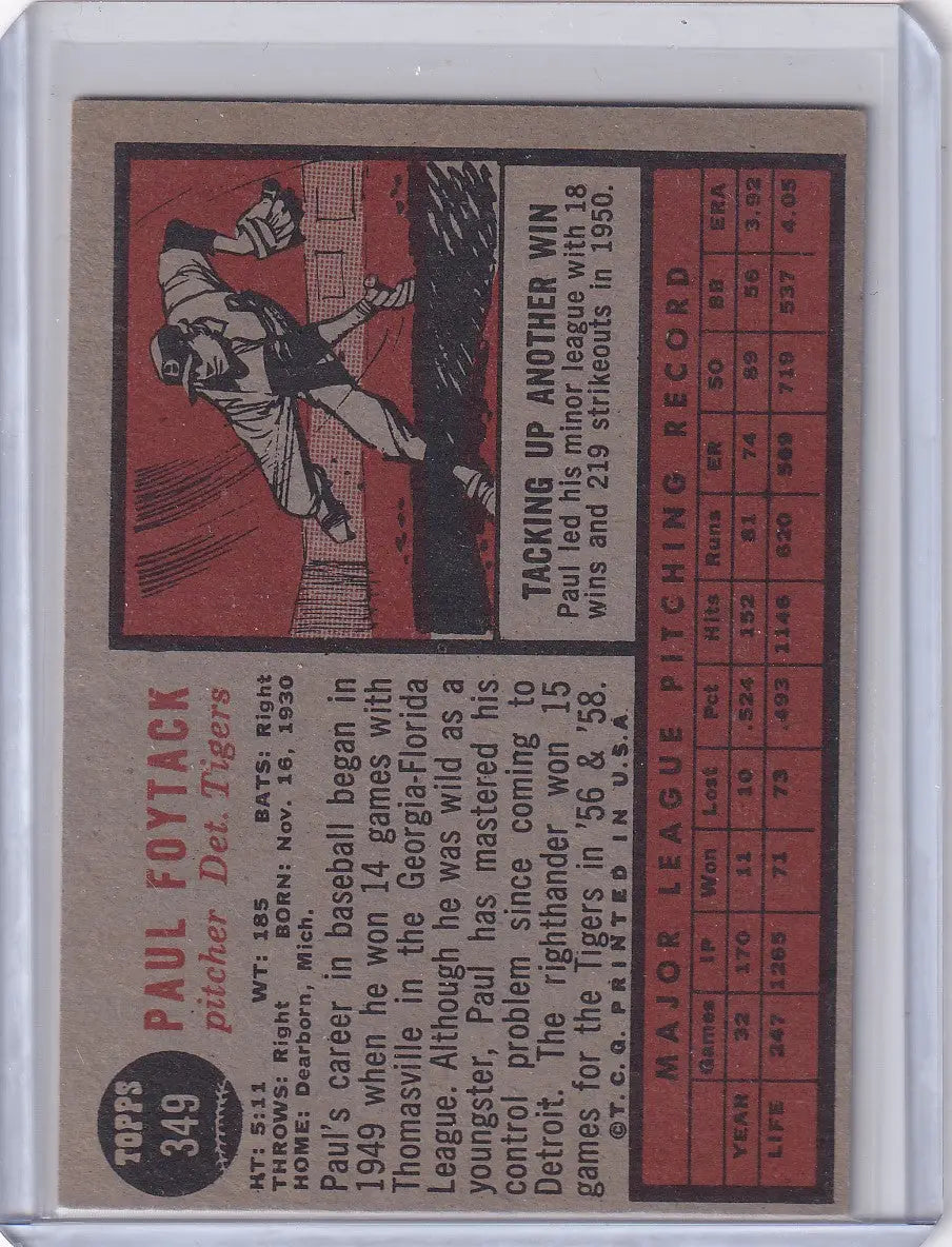 Vintage baseball card of Paul Foytack from the Detroit Tigers 1962 Topps #349