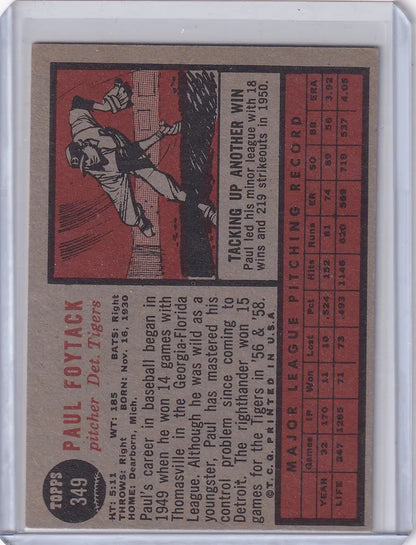 Vintage baseball card of Paul Foytack from the Detroit Tigers 1962 Topps #349