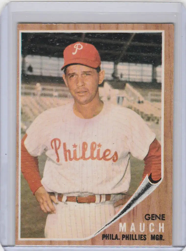 Baseball card of Gene Mauch, Philadelphia Phillies player with bat in uniform