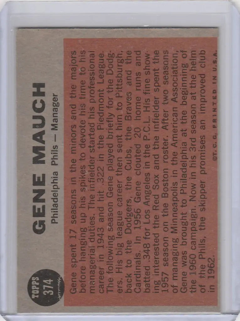 Vintage baseball card of Gene Mauch Philadelphia Phillies with stats on brown background